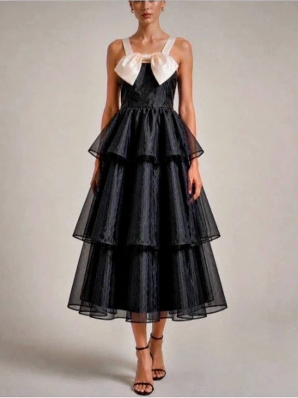 lulus Gilded Glamour Black Organza Tiered Midi Dress Size Medium NWT